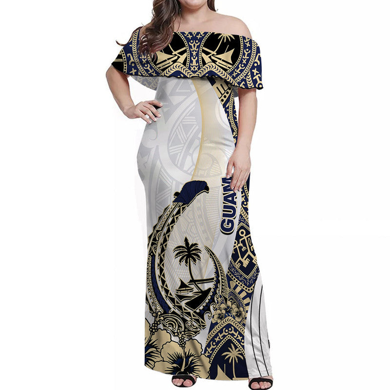 Guam Fish Hook Off Shoulder Long Dress White Style LT6 Women white - Polynesian Pride