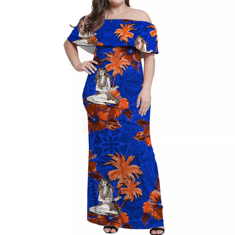 Off Shoulder Long Dress - Hawaii Summer Hula Girl No.7 LT6 Women - Polynesian Pride