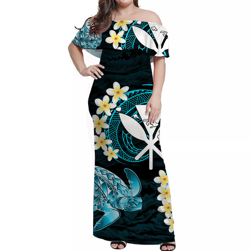 Hawaii Kanaka Turtle Off Shoulder Long Dress Style No.3 LT6 Women Blue - Polynesian Pride