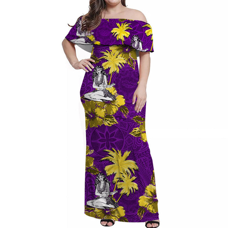 Off Shoulder Long Dress - Hawaii Summer Hula Girl No.6 LT6 Women - Polynesian Pride