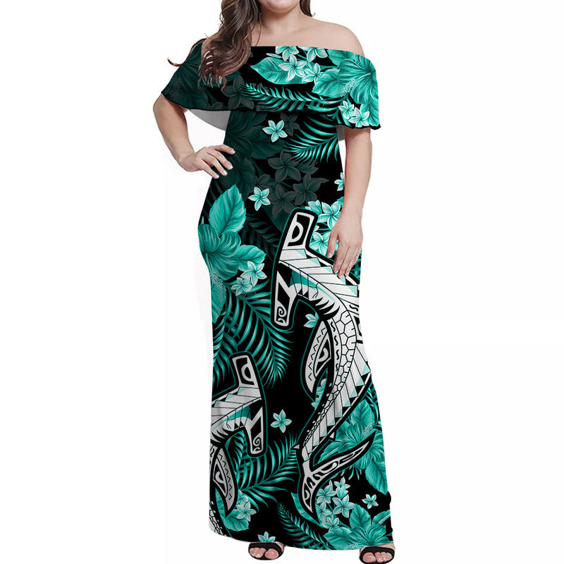 Hawaii Summer Colorful Off Shoulder Long Dress Shark Turquesa LT6 Women Green - Polynesian Pride