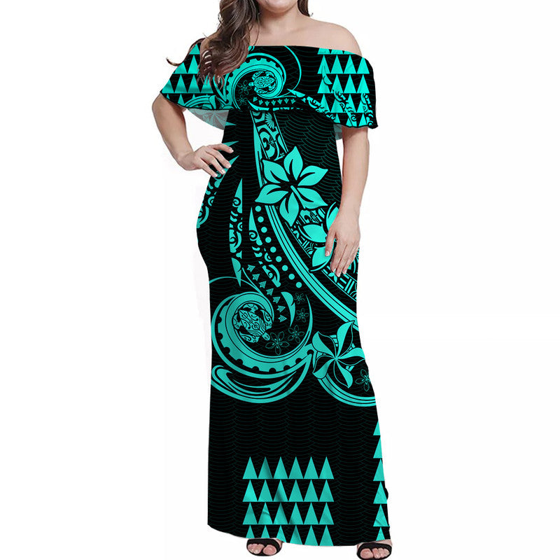 Kakau Hawaiian Polynesian Off Shoulder Long Dress Turquoise Green LT6 Women Green - Polynesian Pride