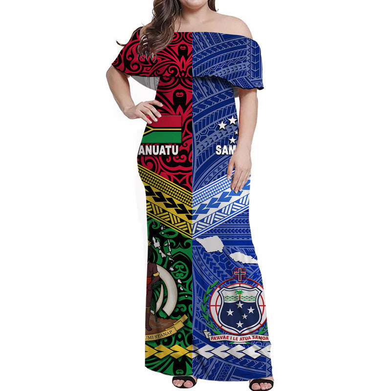 (Custom Personalised) Samoa And Vanuatu Off Shoulder Long Dress Together LT8 Women Blue - Polynesian Pride