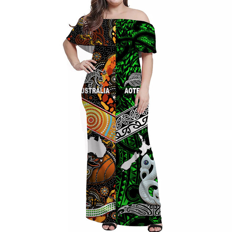 New Zealand Maori Aotearoa And Australia Aboriginal Off Shoulder Long Dress Together - Green LT8 Women Green - Polynesian Pride