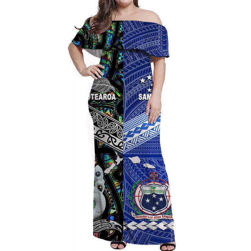 Samoa And New Zealand Off Shoulder Long Dress Together - Paua Shell LT8 Women Blue - Polynesian Pride