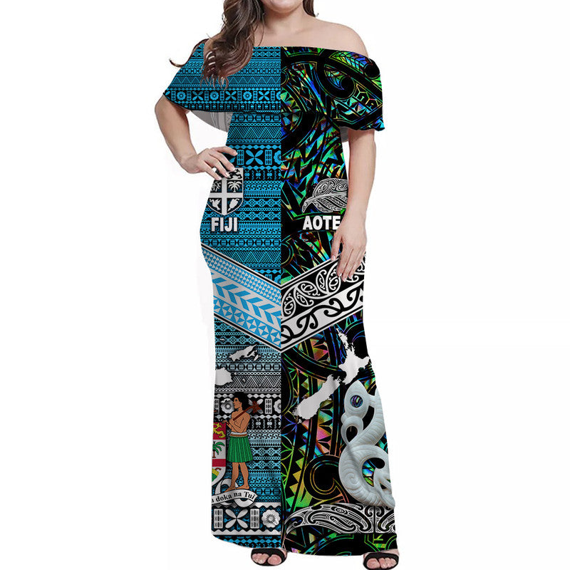 New Zealand And Fiji Off Shoulder Long Dress Together - Paua Shell LT8 Women Paua Shell - Polynesian Pride