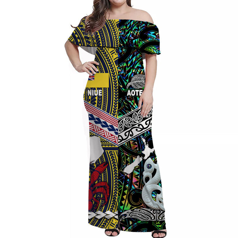 New Zealand And Niue Off Shoulder Long Dress Together - Paua Shell LT8 Women Paua Shell - Polynesian Pride