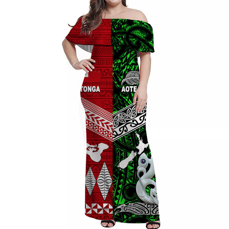 New Zealand And Tonga Off Shoulder Long Dress Together - Green LT8 Women Green - Polynesian Pride