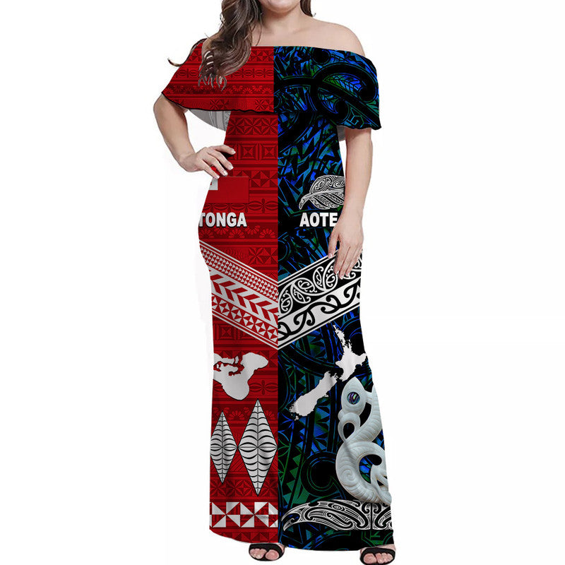 New Zealand And Tonga Off Shoulder Long Dress Together - Blue LT8 Women Blue - Polynesian Pride