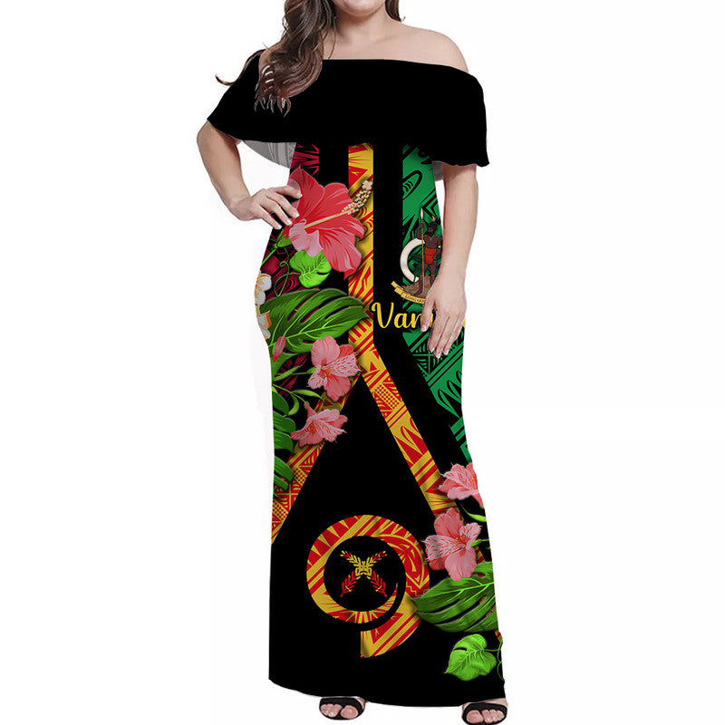 Vanuatu Off Shoulder Long Dress Independence Be Proud Vanuatu Flag LT8 Women Black - Polynesian Pride