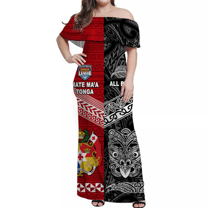 (Custom Personalised) Mate Ma'a Tonga Ngatu And New Zealand Maori All Black Aboriginal Off Shoulder Long Dress Rugby Together LT8 Women - Polynesian Pride