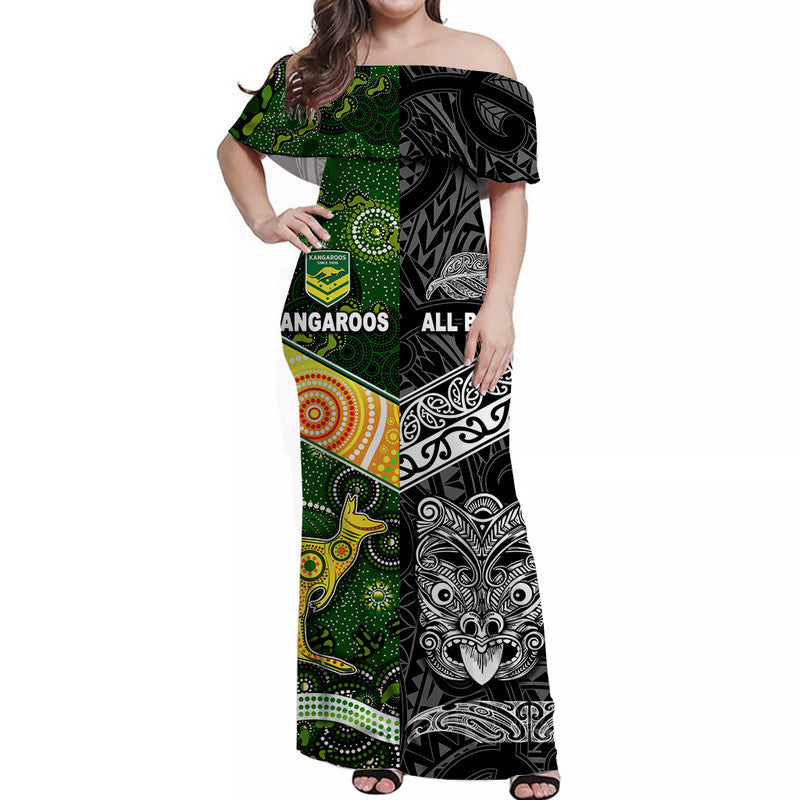 (Custom Personalised) New Zealand Maori All Black And Australia Kangaroos Aboriginal Off Shoulder Long Dress Rugby Together LT8 Women - Polynesian Pride