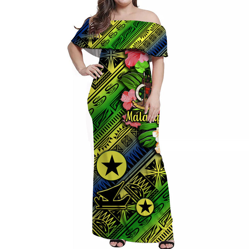 (Custom Personalised) Vanuatu Malampa Off Shoulder Long Dress Independence Be Proud LT8 Women Blue - Polynesian Pride