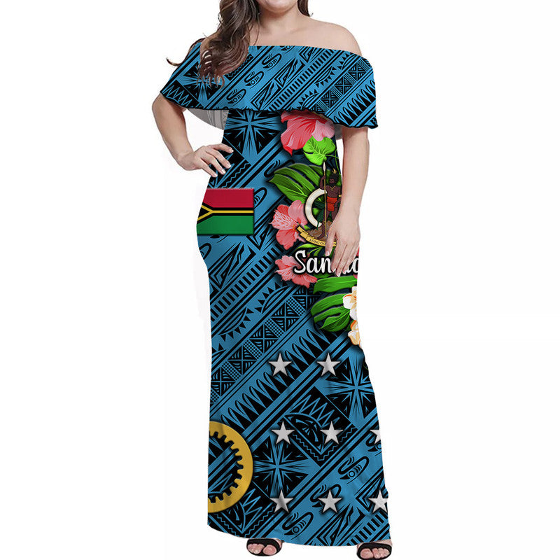 (Custom Personalised) Vanuatu Sanma Off Shoulder Long Dress Independence Be Proud LT8 Women Blue - Polynesian Pride