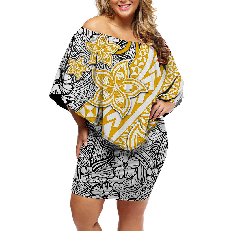 Traditional Polynesian Tribal Tattoo Retro Women Off shoulder Short Dress Yellow LT9 Women Yellow - Polynesian Pride