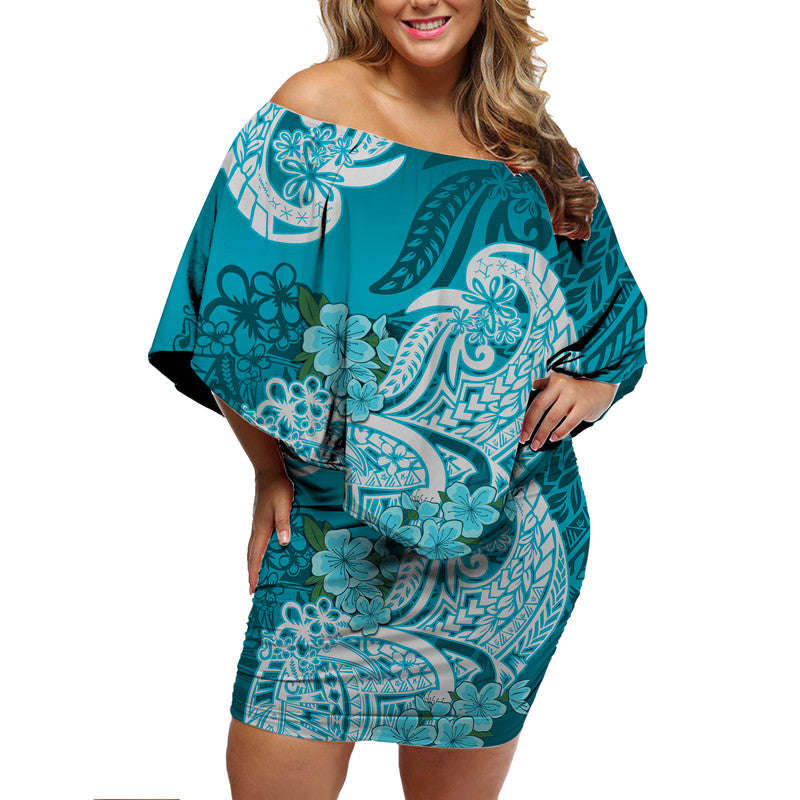 Polynesian Floral Tribal Off Shoulder Short Dress - Teal LT9 Women Teal - Polynesian Pride