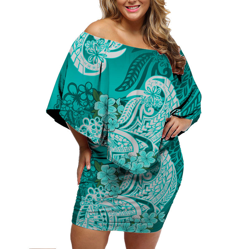 Polynesian Floral Tribal Off Shoulder Short Dress - Turquoise LT9 Women Turquoise - Polynesian Pride