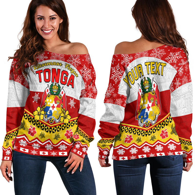 (Custom Personalised) Tonga Christmas Kilisimasi Fiefia Coat Of Arms Women Off Shoulder Sweater LT9 Women Red - Polynesian Pride