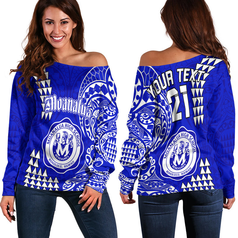 (Custom Personalised) Hawaii Moanalua High School Off Shoulder Sweater Tribal Kakau LT9 Women Blue - Polynesian Pride