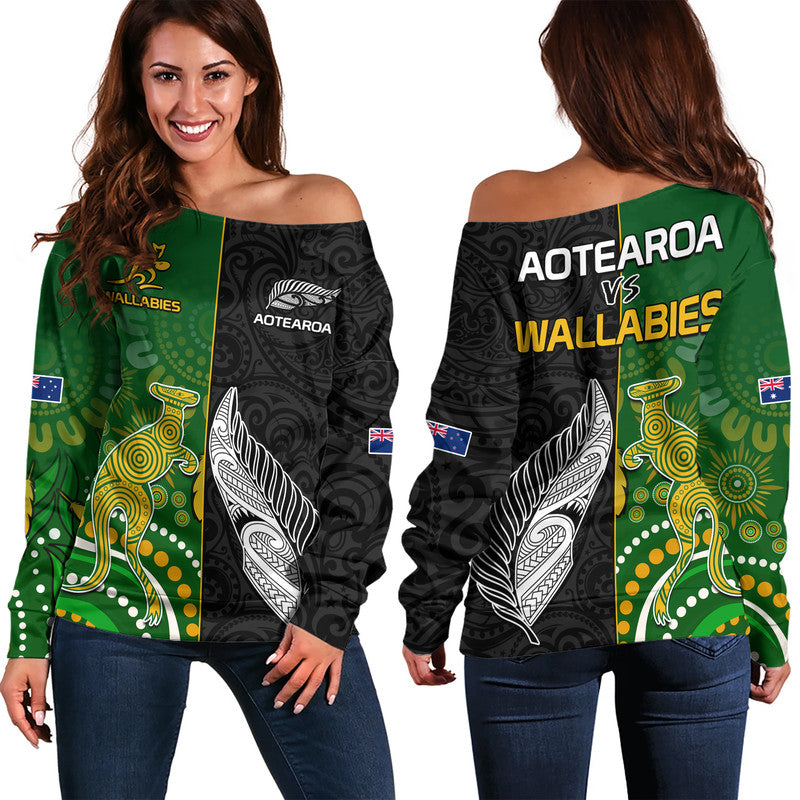 Aotearoa Rugby All Black Combine Australia Wallabies Women Off Shoulder Sweater Aboriginal Kangaroo And Maori Fern LT9 - Polynesian Pride