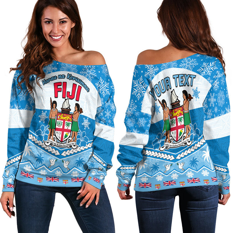 (Custom Personalised) Fiji Masi Tapa Christmas Vibe Women Off Shoulder Sweater LT9 Women Blue - Polynesian Pride