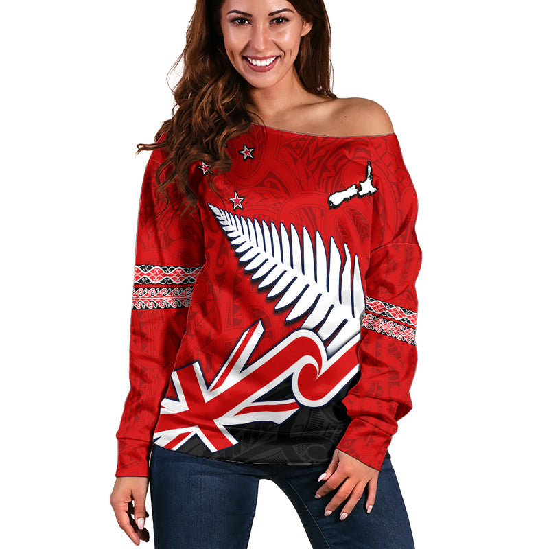 (Custom Personalised) Waitangi Women Off Shoulder Sweater Aotearoa Tino Rangatiratanga Flag with Silver Fern LT9 Women Red - Polynesian Pride