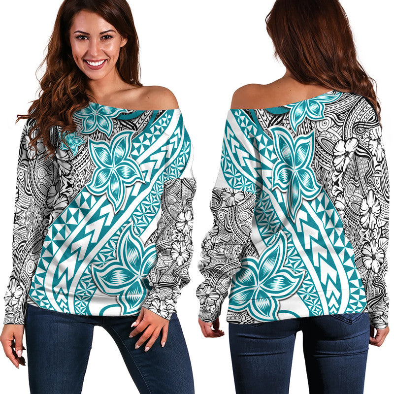 Traditional Polynesian Tribal Tattoo Retro Women Off Shoulder Sweater Turquoise LT9 Women Turquoise - Polynesian Pride