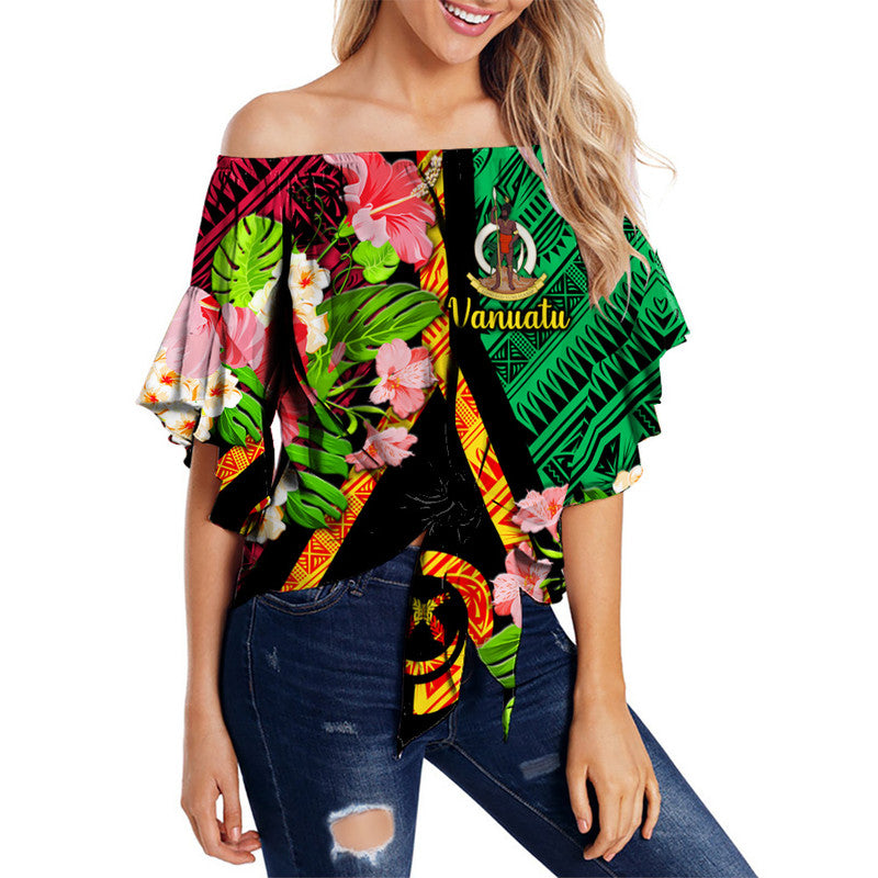 Vanuatu Off Shoulder Waist Wrap Top Independence Be Proud Vanuatu Flag LT8 Women Black - Polynesian Pride