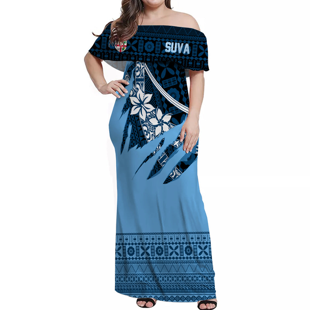 Fiji Suva Masi Pattern Off Shoulder Long Dress Claw Style LT7 Long Dress Turquoise - Polynesian Pride