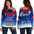 Personalised Samoa Sevens Off Shoulder Sweater Manu Siva Tau With Ula Fala LT7 Women Blue - Polynesian Pride