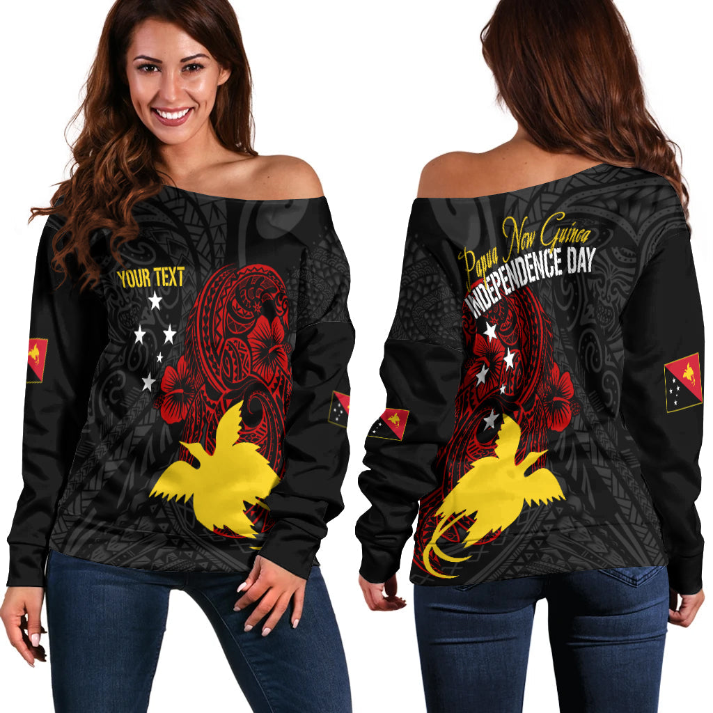 Personalised Papua New Guinea 49th Independence Off Shoulder Sweater Tribal Turtle LT7 Women Black - Polynesian Pride