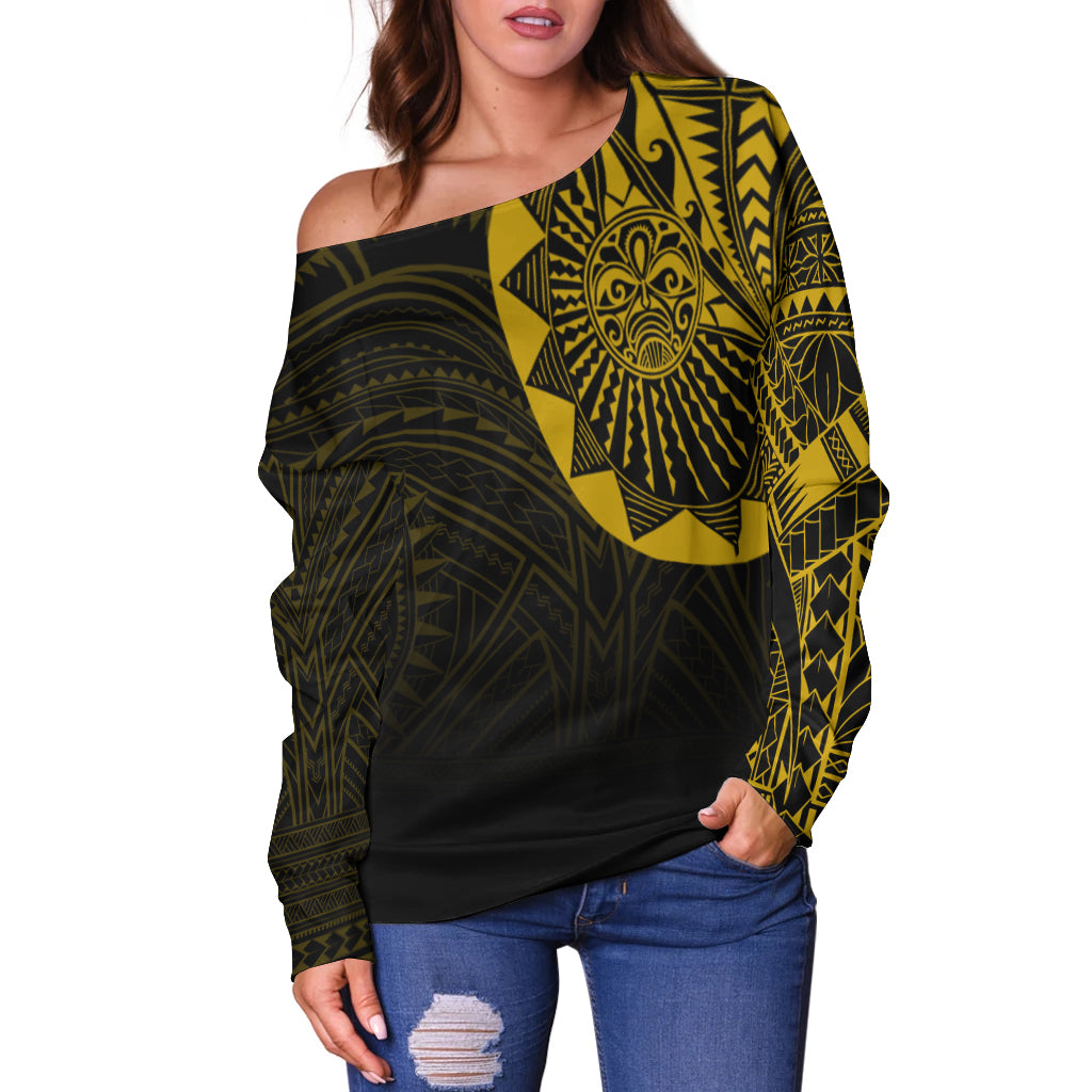 Polynesian Full Sleeve Tattoo Off Shoulder Sweater Gold Vibes LT7 Black - Polynesian Pride