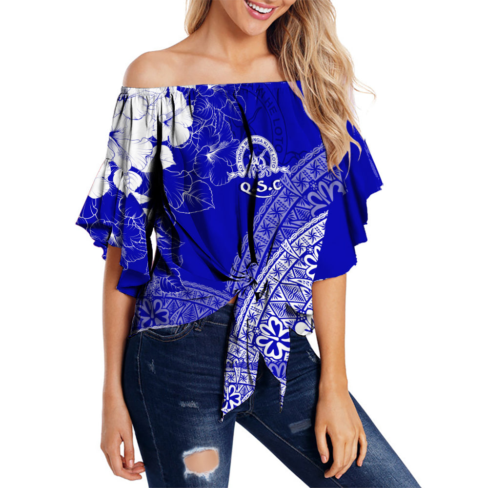 (Custom Personalised) Tonga Kolisi Kuini Salote Off Shoulder Waist Wrap Top QSC Floral Tapa LT7 Female Blue - Polynesian Pride