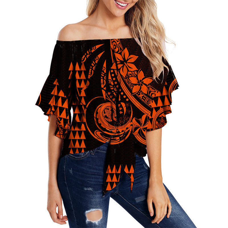 Kakau Hawaiian Polynesian Off Shoulder Waist Wrap Topt Orange LT6 Women Orange - Polynesian Pride