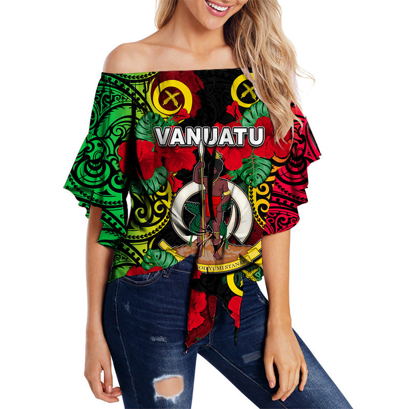 Vanuatu And Hibiscus Off Shoulder Waist Wrap Top LT6 Women Black - Polynesian Pride