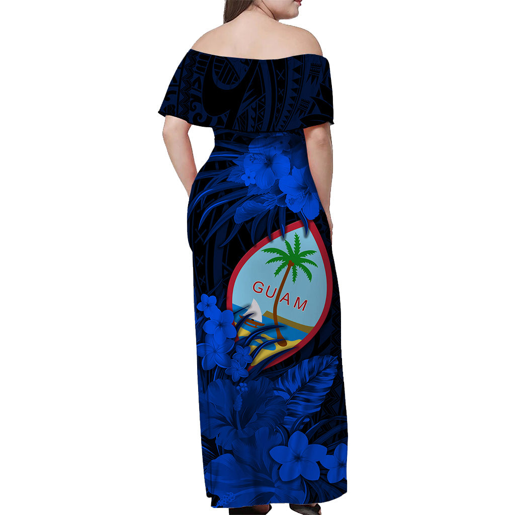 Guam Polynesian Off Shoulder Long Dress Tropical Flowers - Blue LT8 - Polynesian Pride