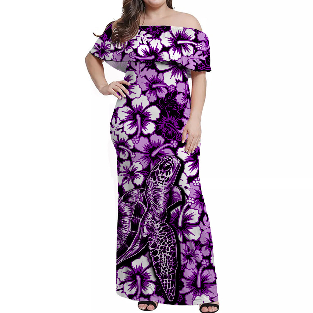 Hawaii Turtle Off Shoulder Long Dress With Hibiscus Purple Style LT6 Women Purple - Polynesian Pride