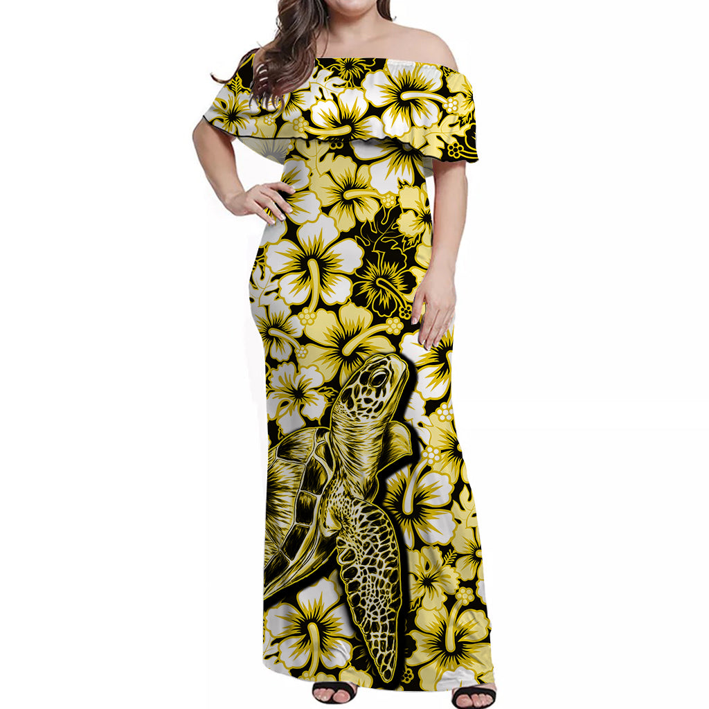 Hawaii Turtle Off Shoulder Long Dress With Hibiscus Yellow Style LT6 Long Dress Yellow - Polynesian Pride