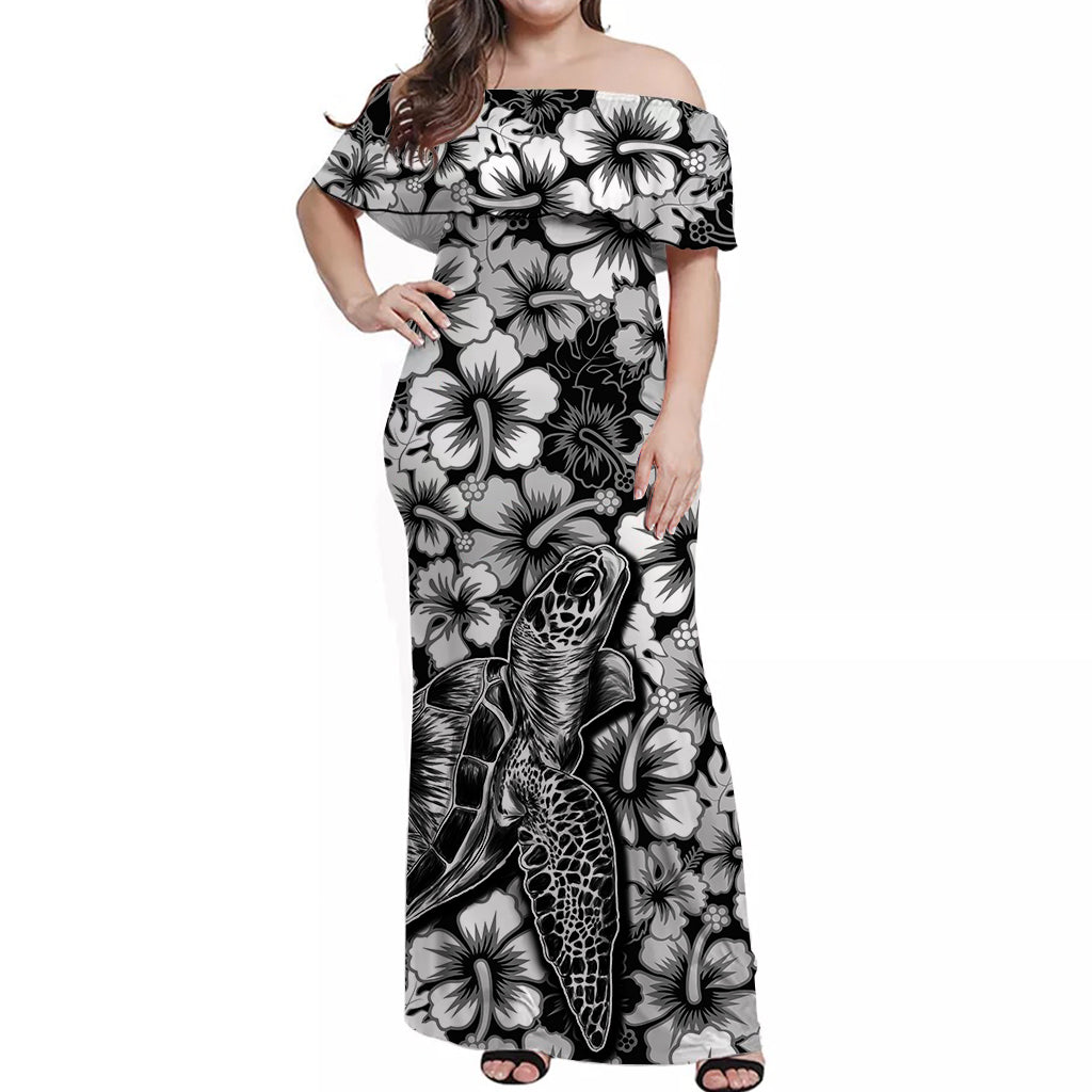 Hawaii Turtle Off Shoulder Long Dress With Hibiscus Black Style LT6 Long Dress Black - Polynesian Pride