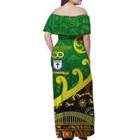 Whosfa Celebrates HCC Anniversary Fiji Australia Aboriginal Off Shoulder Long Dress Silver Fern Koru Vibes - Green LT8 - Polynesian Pride
