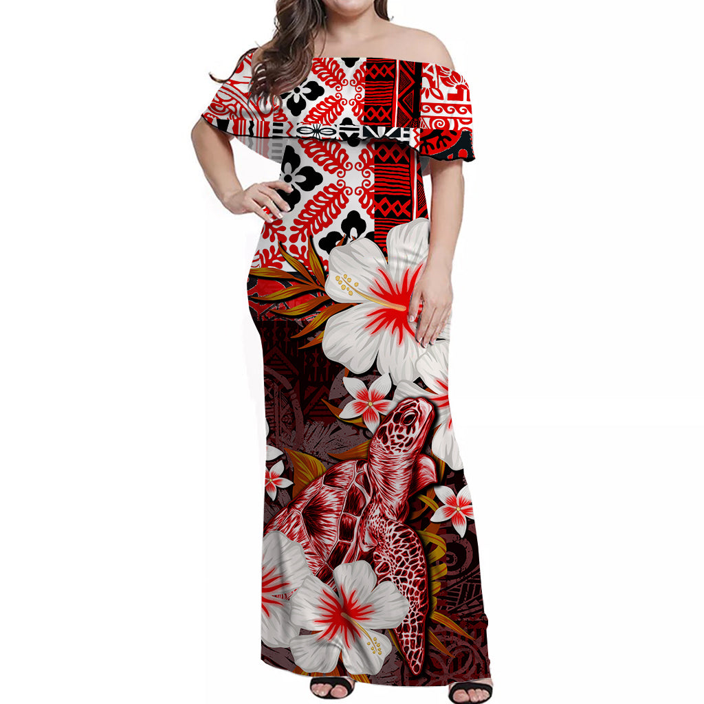 Hawaii Turtle Off Shoulder Long Dress Red Style LT6 Long Dress Red - Polynesian Pride