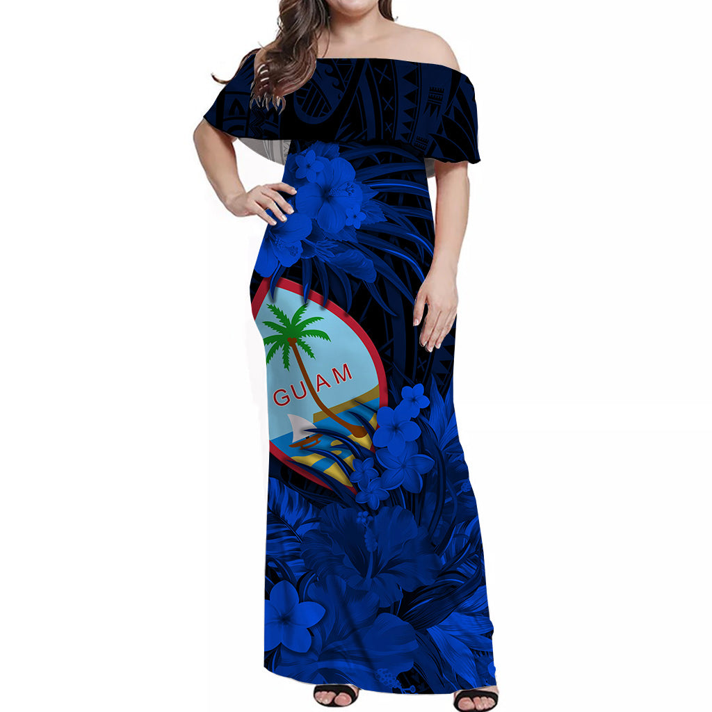 Guam Polynesian Off Shoulder Long Dress Tropical Flowers - Blue LT8 - Polynesian Pride