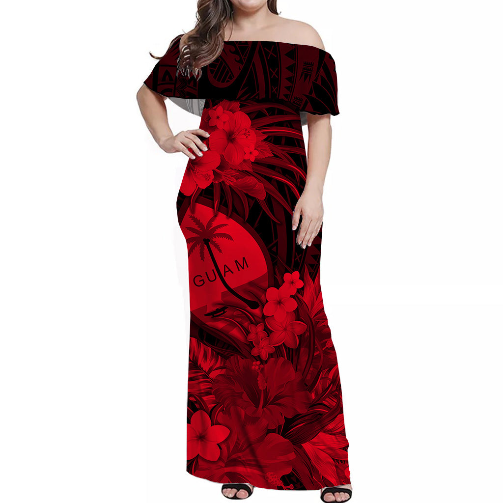 Guam Polynesian Off Shoulder Long Dress Tropical Flowers - Red LT8 - Polynesian Pride