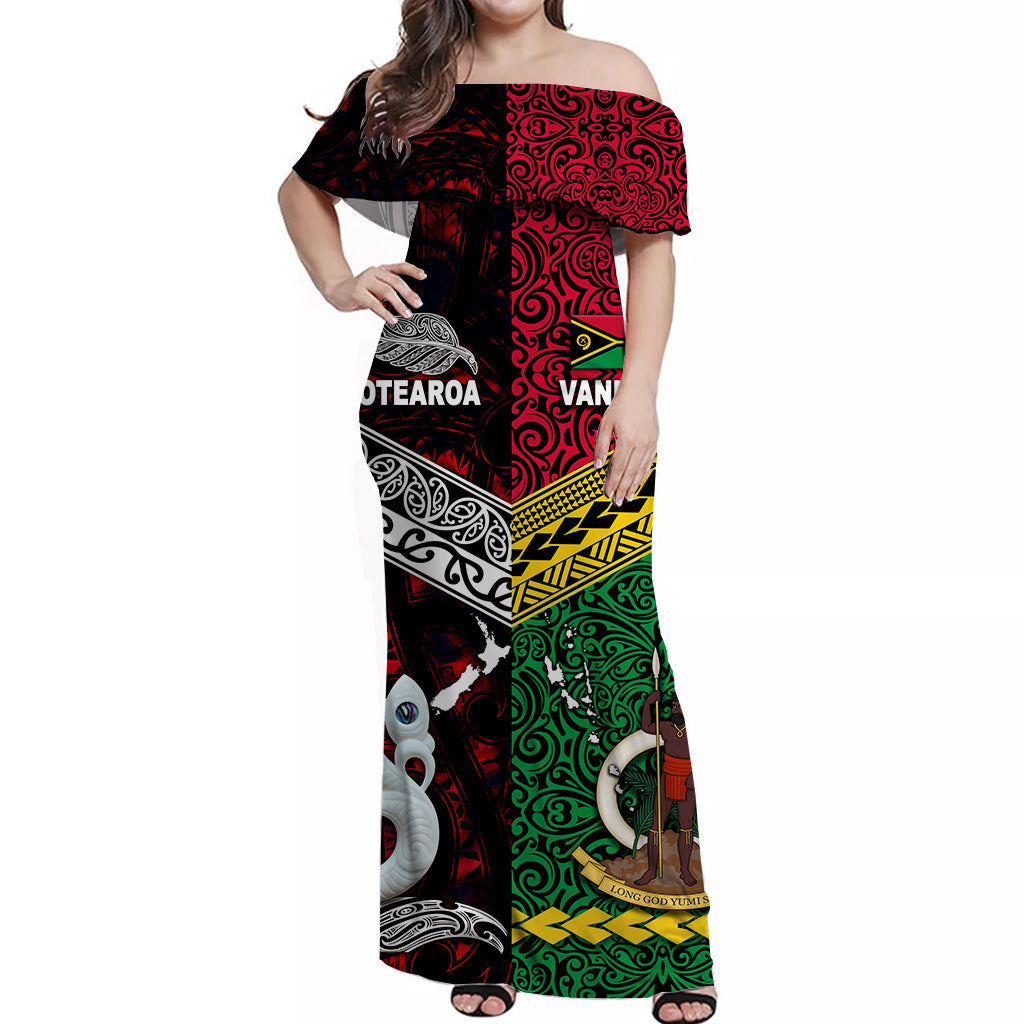 Vanuatu And New Zealand Off Shoulder Long Dress Together - Red LT8 - Polynesian Pride