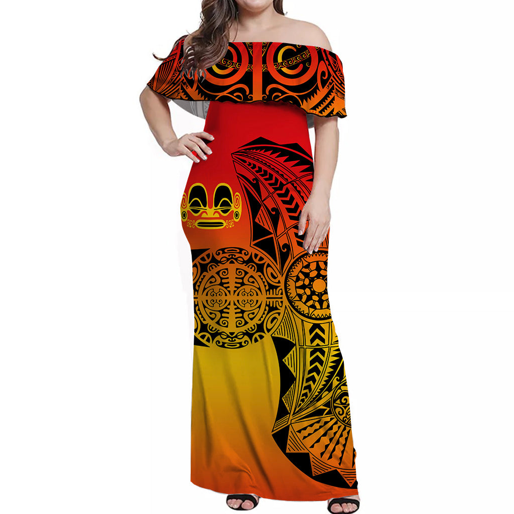 Marquesas Islands Off Shoulder Long Dress Original Style - Gradient Red LT8 - Polynesian Pride