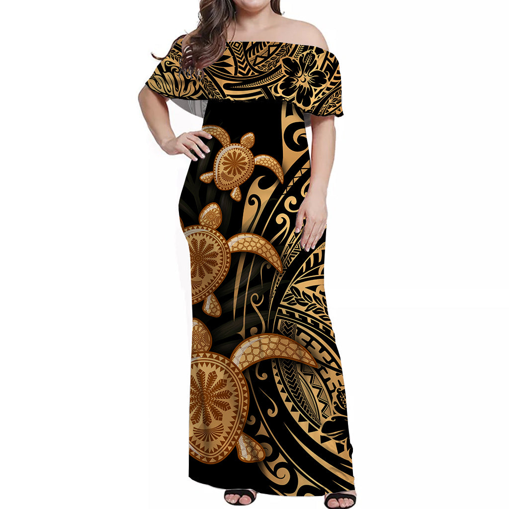 Polynesian Turtle Off Shoulder Long Dress Honu Family Gold LT4 Long Dress Red - Polynesian Pride