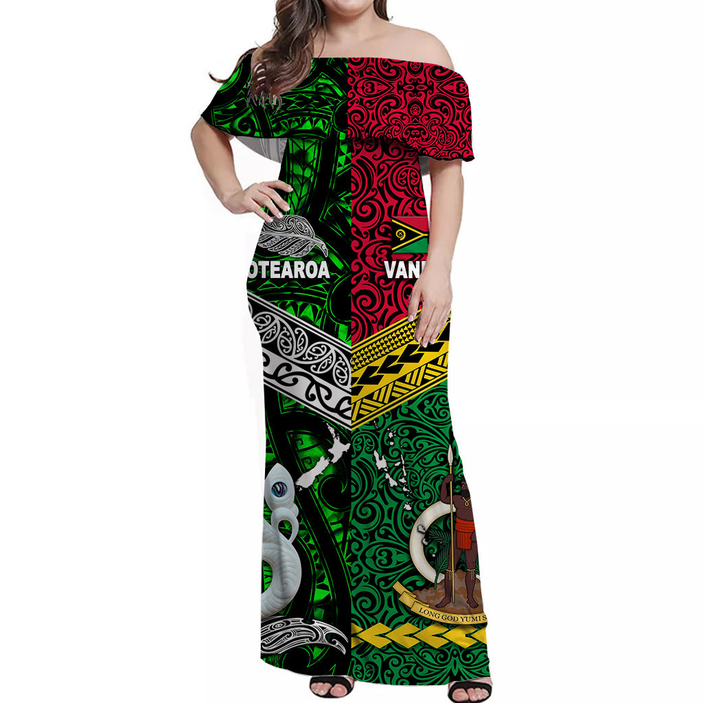 Vanuatu And New Zealand Off Shoulder Long Dress Together - Green LT8 - Polynesian Pride