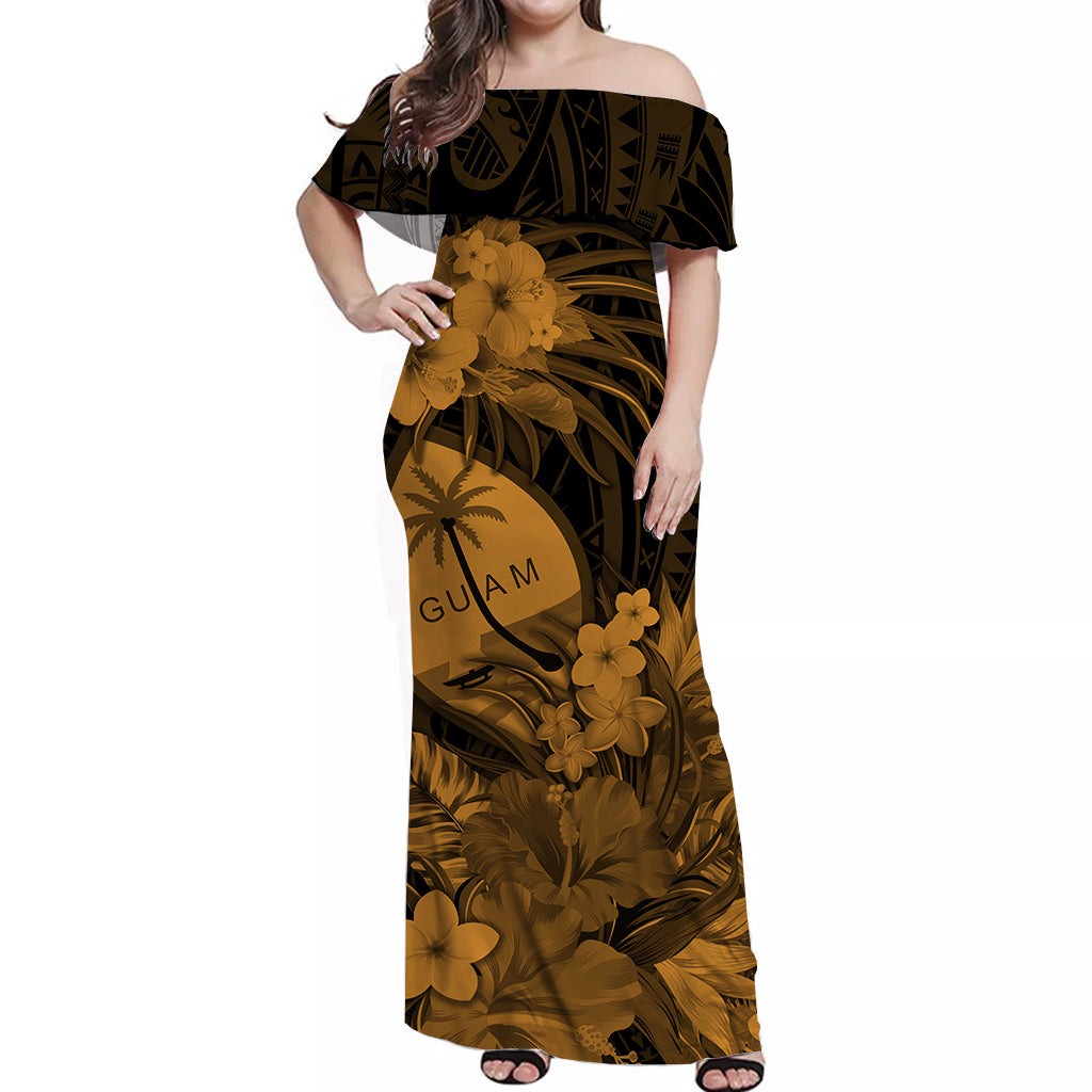 Guam Polynesian Off Shoulder Long Dress Tropical Flowers - Tan LT8 - Polynesian Pride