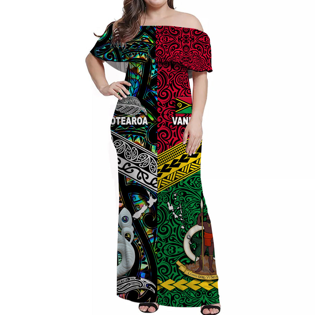 Vanuatu And New Zealand Off Shoulder Long Dress Together - Paua Shell LT8 - Polynesian Pride