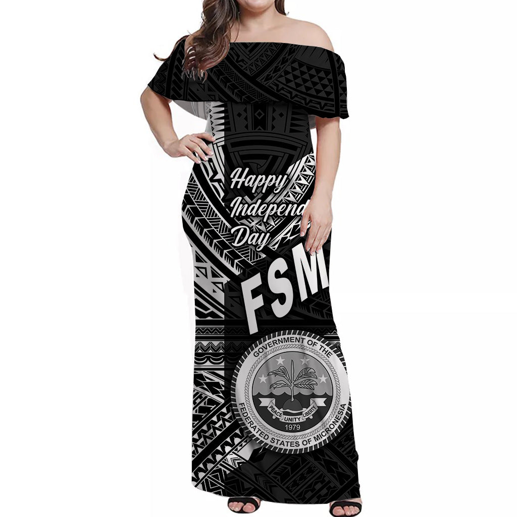 FSM Off Shoulder Long Dress Happy Independence Day Original Vibes - Black LT8 - Polynesian Pride